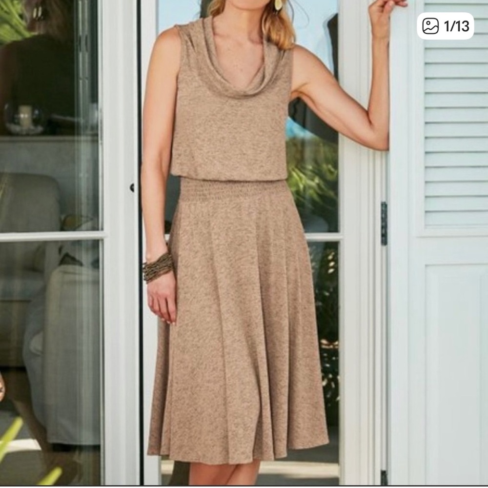 Soft Surroundings Tan Kerry Knit Dress Cowl Neck Sleeveless Size S NWT